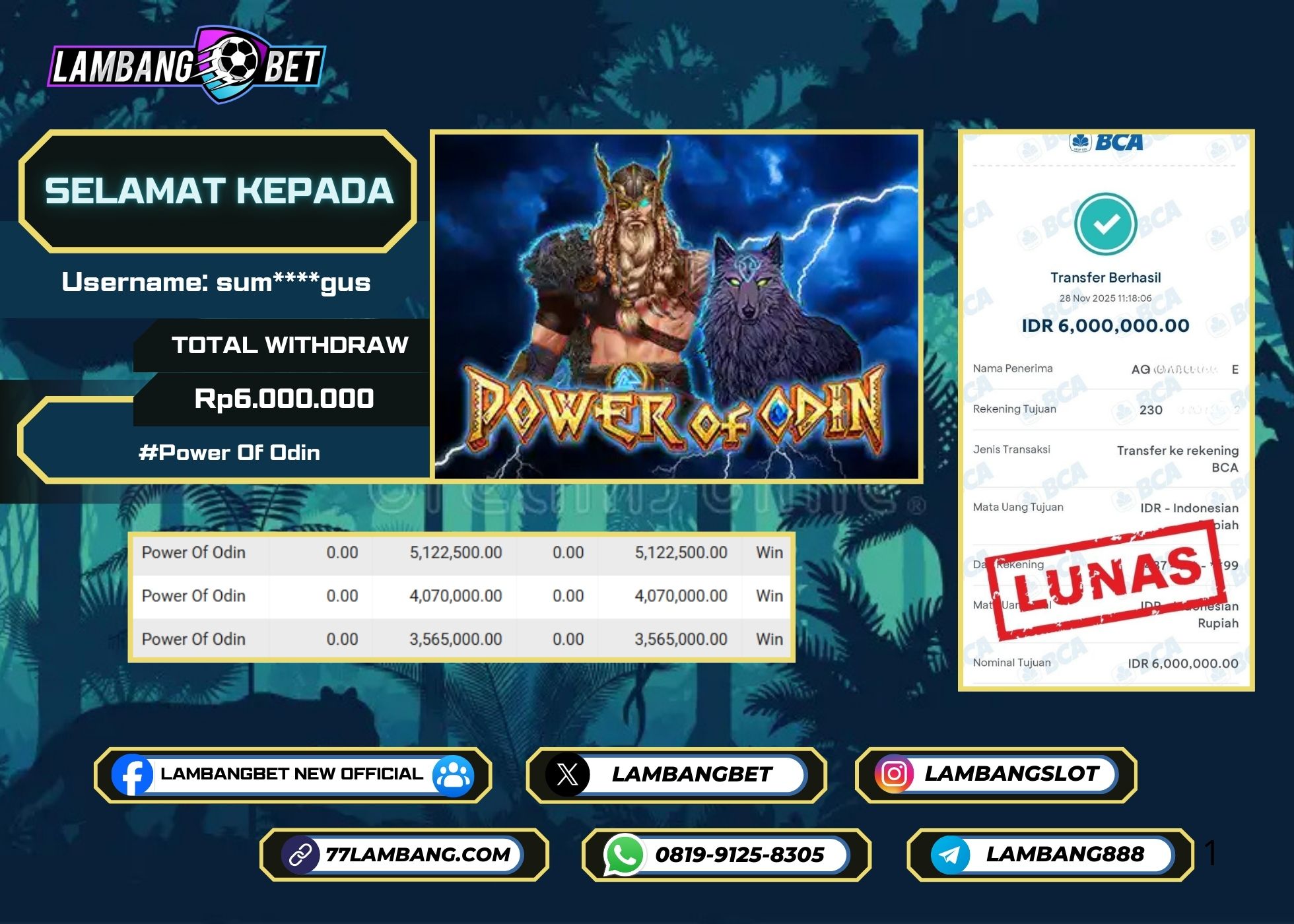 LAMBANGBET [28 NOVEMBER 2025] JACKPOT SLOT Power Of Odin "Rp6.000.000" LUNAS